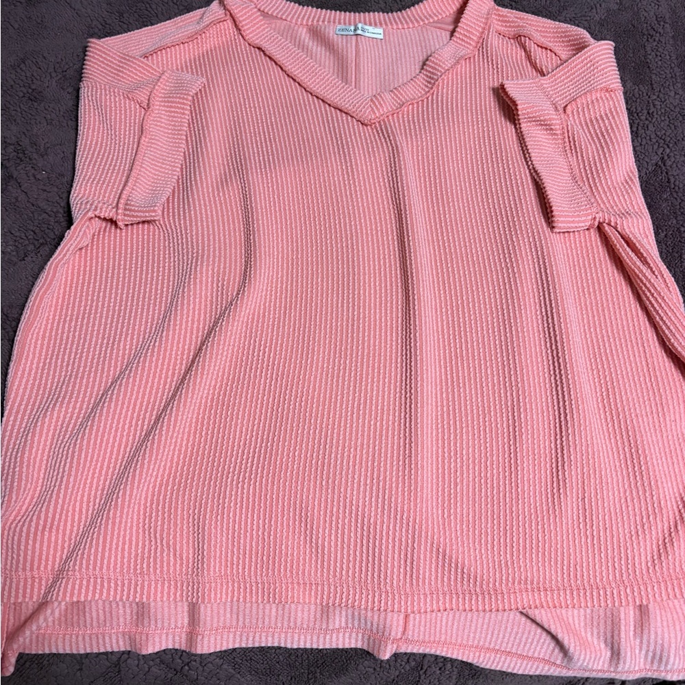 Coral Ribbed V-Neck Women's Top
